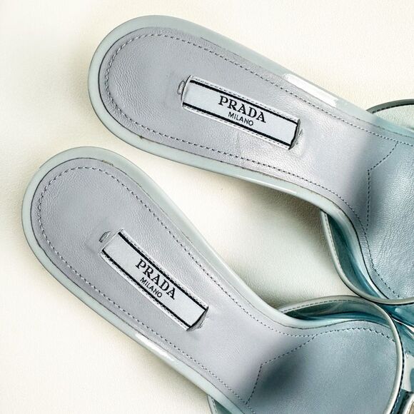 PRADA Blue Ciabatte Triangle Logo Slide Sandal Heels Size 37 Mule Clear PVC - Picture 7 of 13